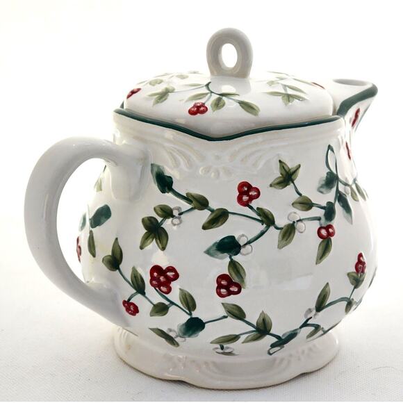 Teapot-Pfalzgraff-Winterberry Pattern-Embossed-White-Green-Red-Holds 24 oz - Picture 3 of 10